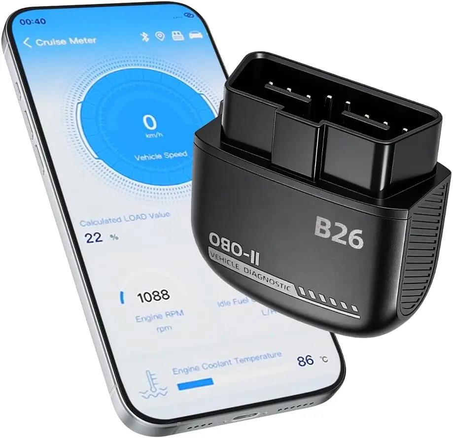B26 Mini Compact Handheld Wireless Bluetooth 5.1 OBD2 Scanner - 12V Gasoline Car Plug-and-Play Diagnostic Tool, ABS Support, Subscription-Free, Full Updates, Spanish & Multilanguage, iOS/Android Compatible, Real-Time Data, Fault Code Read/Clear