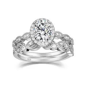1.5CT 925 sterling silver wedding ring set, oval cubic zirconia halo CZ engagement ring, ladies' Christmas gift promise ring