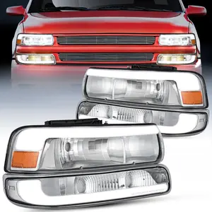 Nilight LED DRL Headlight Assembly for 1999 2000 2001 2002 Chevy Silverado 1500 1500HD 2500 2500HD 3500 Chevrolet Tahoe Suburban Replacement Headlamp Clean Lens Chrome Housing Amber Bumper Lights Set