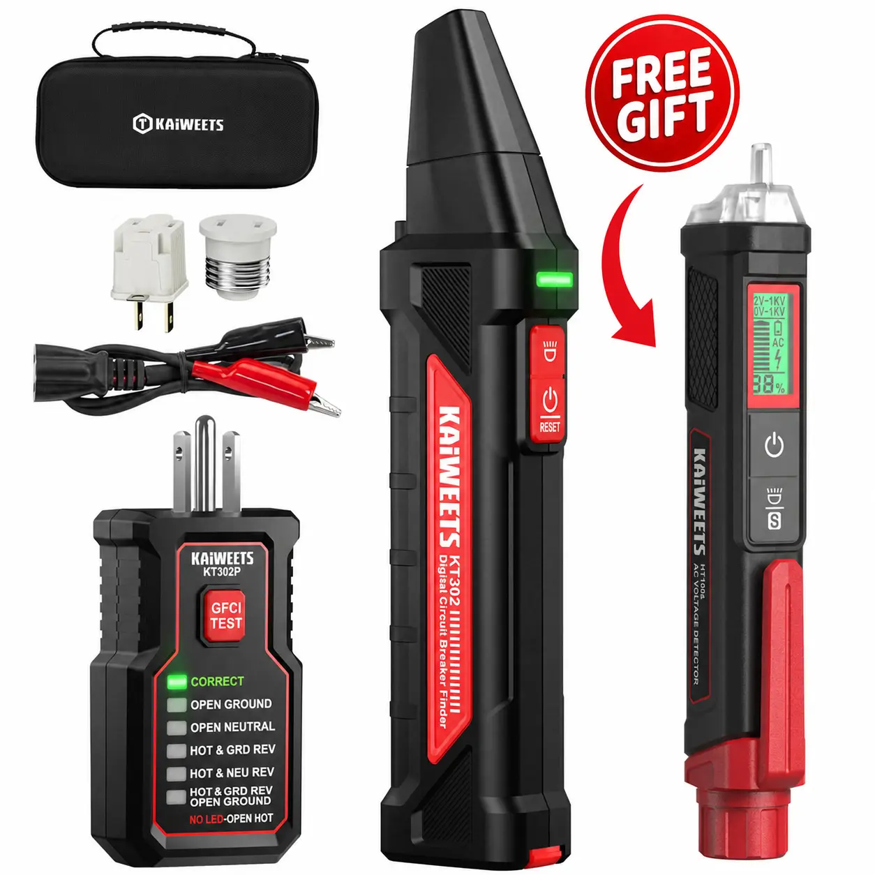 KAIWEETS 3-in-1 Circuit Breaker Finder Kit KIT03 With Voltage Tester for Voltage Safety | 3-Piece Set, GFCI Outlet Tester with Dual-Sided LED, NCV Tester, Circuit Tracer With Flashlight, Carry Case and Adapter,  AC