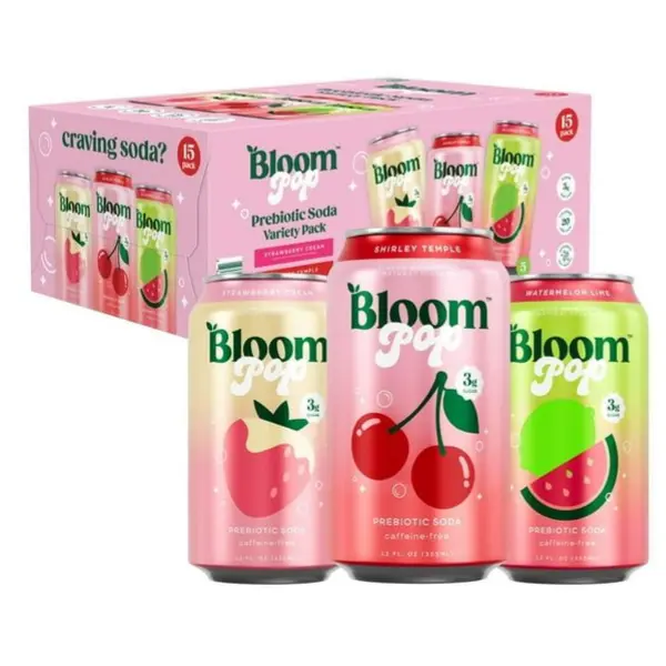 Bloom Pop Prebiotic Soda Variety Pack - 15 Cans (12 fl oz Each), Assorted Flavors, Sparkling Soft Drink, Better-For-You Refreshment