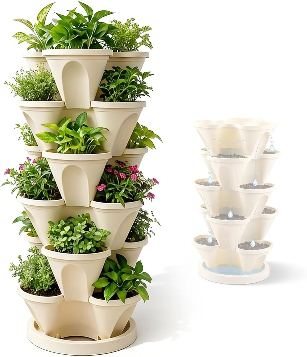 6 Tier Vertical Planter Stackable Tower Planters Strawberry Herb Flower and Vegetable Pots Indoor Outdoor Gardening Pots with Removable Wheels and Tools(Beige)