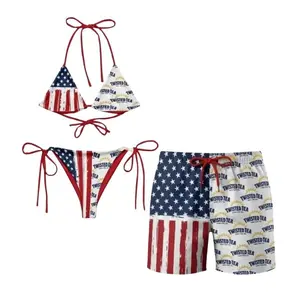 Patriotic American Flag & Twisted Tea Inspired Design, Men's Swim Trunks & Women's Bikini, 4th of July Summer Party Outfits, Matching Couple Swimsuit Set