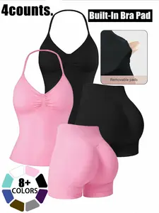Qfen Sport Women's Seamless Backless Sports Bra and Shorts Set, Comfortable High-Waist Yoga Workout, Spring & Fall Activewear, Solid Sports Sets