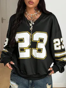 Women's Fall Winter V-Neck Graphic Sweatshirt, Comfortable Long Sleeve Knit Top, Streetwear Hip Hop Dance Casual Fashion