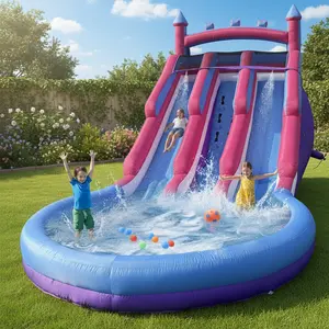 Dual-track Inflatable Water Slide Backyard with  Blower, Splash Pool & ,Summer Outdoor Water Park Fun for Kids & Adults