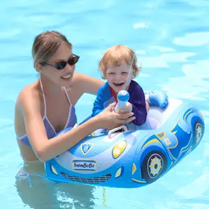 Swimbobo Blue Thick PVC Toddler Swimming Floater with Seat, Inflatable Boat Ride-On Car, Water Gun for Kids Outdoor Summer Pool Toys