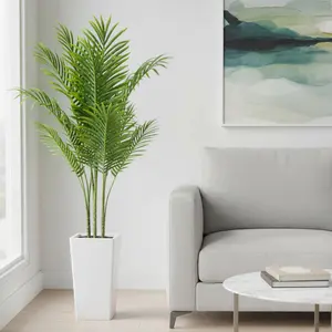 Lifelike Artificial Palm Tree with Tall White Planter – 4.5FT Realistic Faux exotic Areca Floor Plant for Indoor or Outdoor Home, Office, or Living Room Decor – 18 Lifelike Leaves, Single Piece