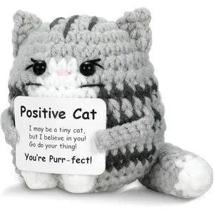 1 Piece Positive Crochet Cat Figurine Mini Animal Emotional Support Gifts Inspirational Knitted Cat with Card Cute Motivational Crocheting Present for Women Men Friends Family Birthday Decor