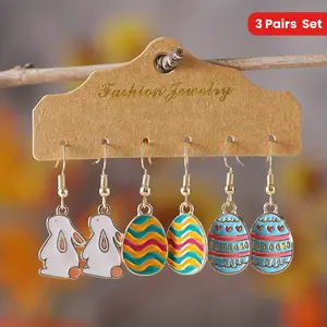 3 Pairs Easter Colorful Bunny and Egg Pendant Oil Drop Earrings Set for Women Holiday Easter Ear Jewelry