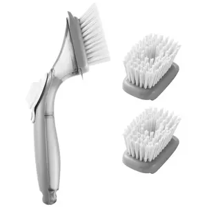 VEVOR Soap Dispensing Dish Brush, Kitchen Scrub Brushes with 3 Brush Heads, Dish Cleaning Brushes with PP Handle and Curved Bristles, Ideal for Pots, Pans, Sink and Stove