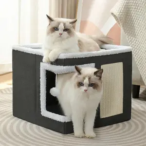Cat Bed House Scratch Pad Foldable Square Design Solid Pattern Fashion Style Cat Cave Hideaway Cube Removable Washable Cushions for Indoor Cats Comfortable Cozy Pet Sleeping Nest with Scratching Function