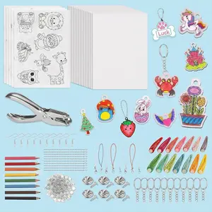 Shrinking Art Sheets Set, 148 PCS Shrinky Art Keychain Set with 20 Pcs Shrinky Paper Sheet, Hole Punch, Colorful Pencils, Keychains, Keychain Charms, DIY Ornaments and Ring Keychains For Spring gifts, Keychain Pendant