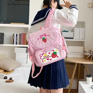 Kawaii Embroidery Strawberry Backpack for Girls Cute Pink Lace JK School Bag with Side Pockets Lightweight Comfortable for Teen Students Water Resistant Durable