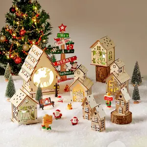 29pcs Lighted DIY Wooden Christmas Village Houses to Paint with Xmas Miniatures Trees Winter Snow Xmas Display Ornaments Craft Gift