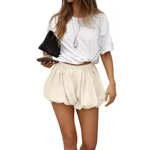 Tankaneo Womens Bubble Mini Skirts Summer Trendy Elastic Waist Ruffle Puffy Pleated Short Skirts with Pockets