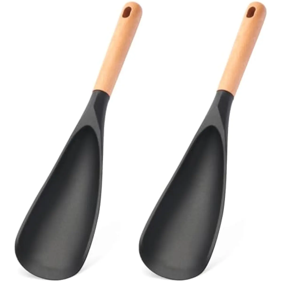 2 Pcs Wooden Handle Silicone Cooking Spoon Set for Nonstick Cookware Cooking, Baking, Stirring BPA-Free Heat-Resistant Spatula for Mixing, Flipping, Scraping (2 Pcs Black)Multifunction Spatula Cooking Spoon  Gifts For Mom Mother