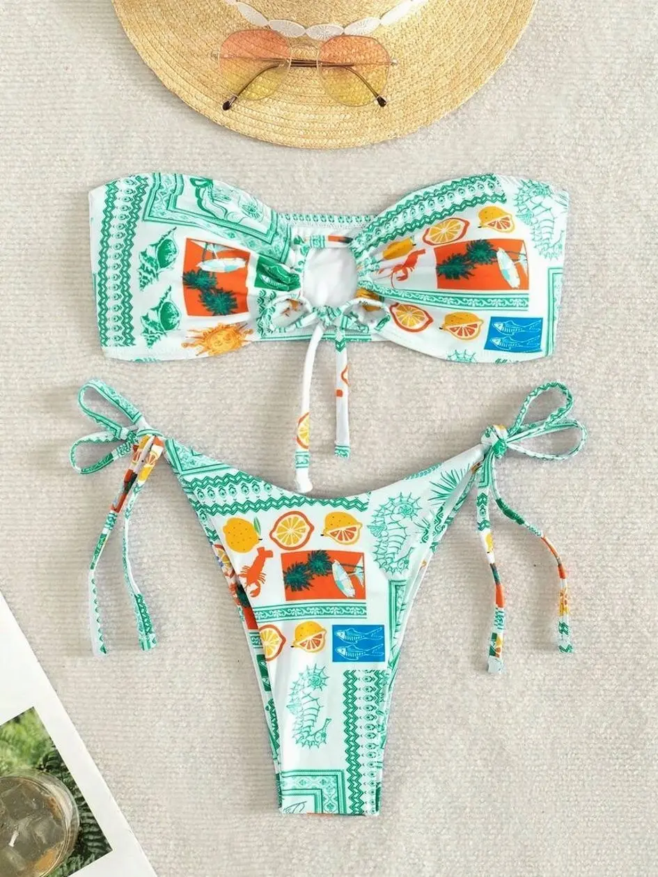 Fruit Printed Bandeau Bikini Set - Women's Summer Beach Two-Piece Swimwear
