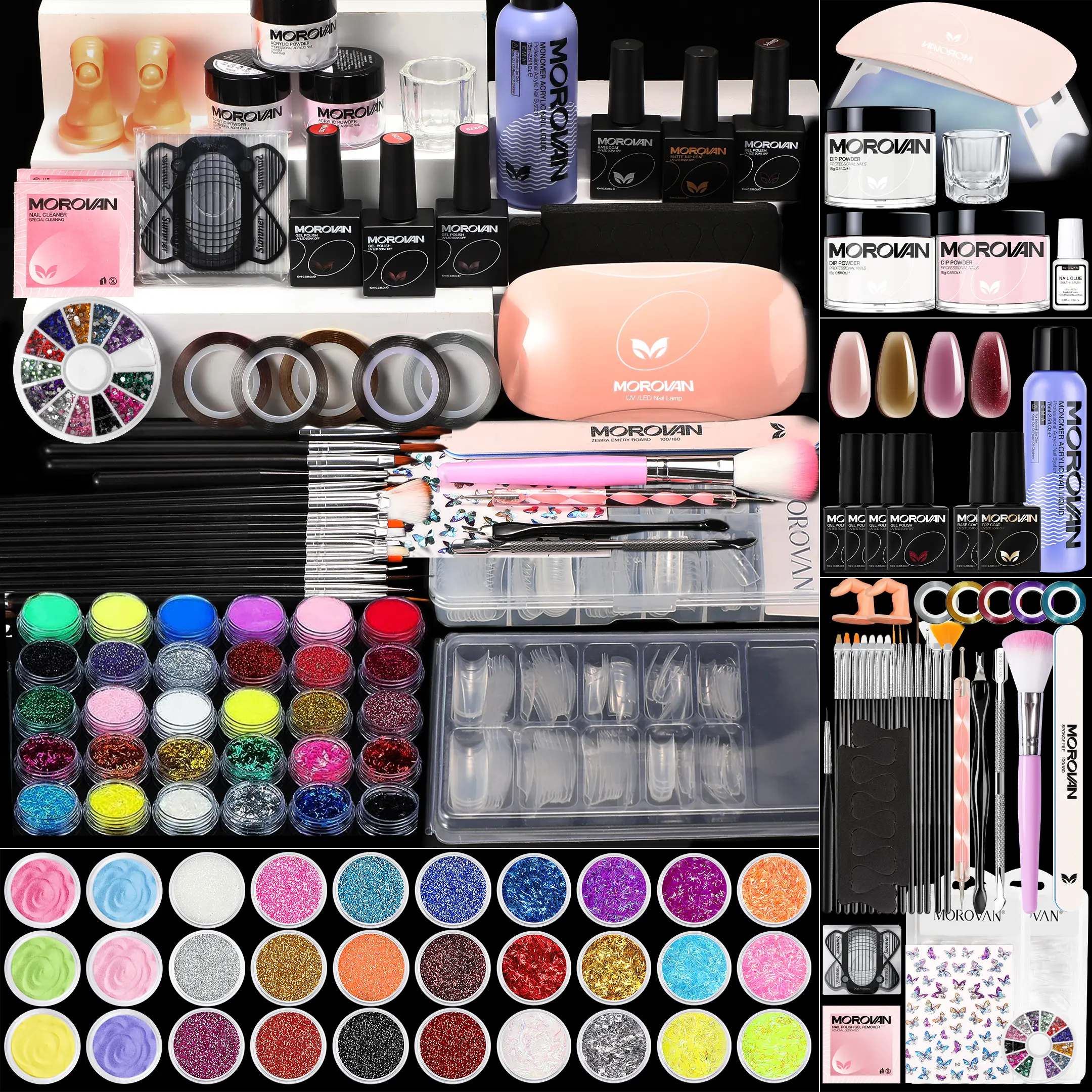 Morovan Blossom Series Acrylic Nail Art Kit with UV Lamp, 12 Glitter Powder, Complete Manicure Tools Set for Beginners