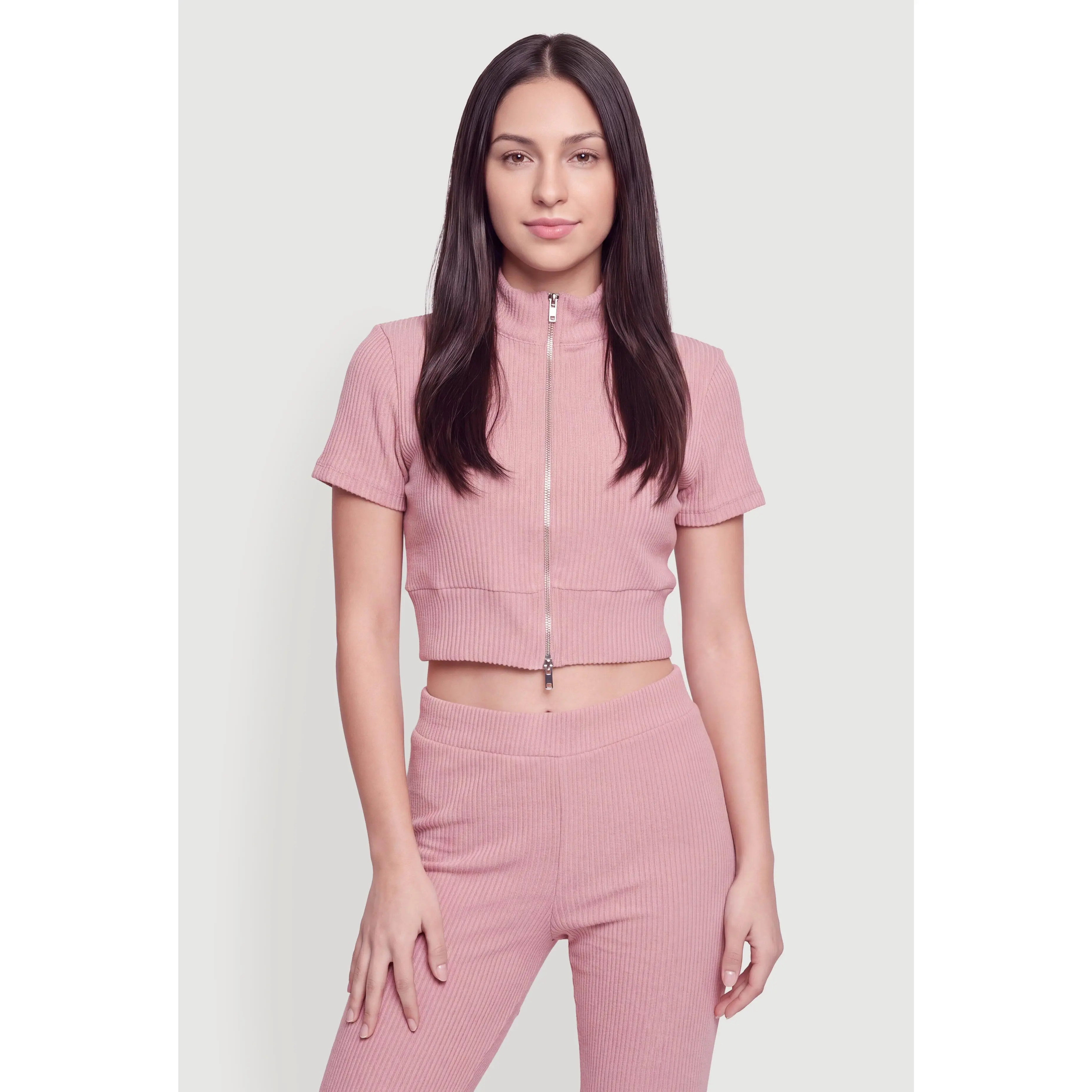 Brushed Ribbed Knit Zip Front Crop Top