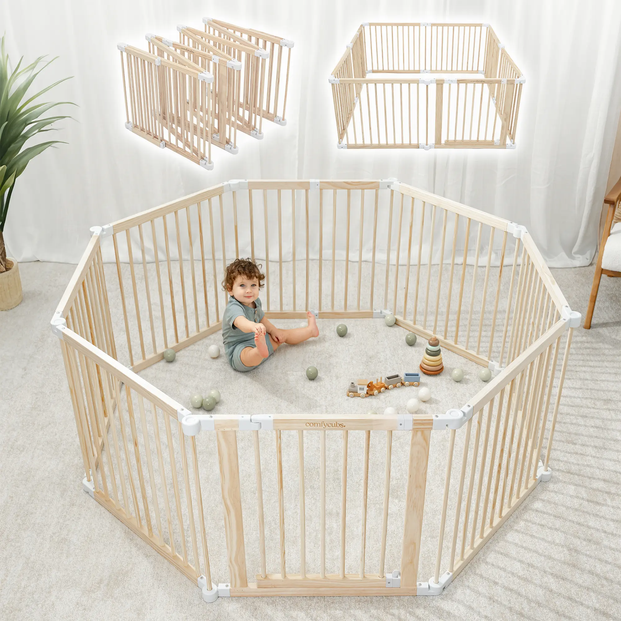 Comfy Cubs Baby Gate Playpen - 57 x 57 x 25 in, Extends Up to 228” - Pine Wood Foldable Playpen with Child-Proof Lock - Easy Assembly Baby Fence Play Area for Babies & Toddlers