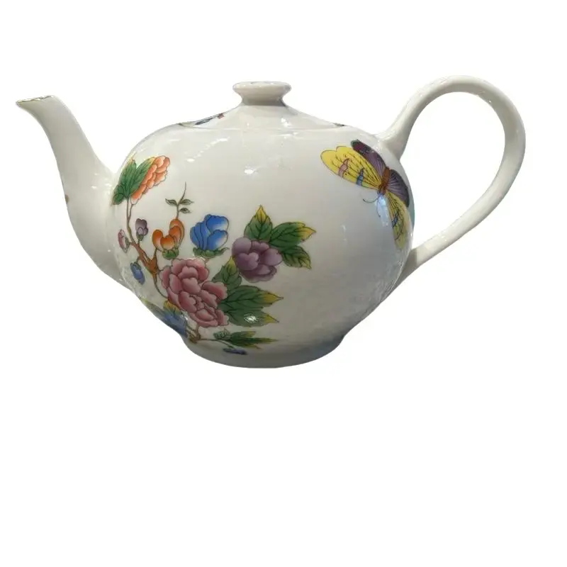 Teapot with Butterfly and Flower Design in White Porcelain, Traditional Style, Ideal for Tea Brewing and serving
