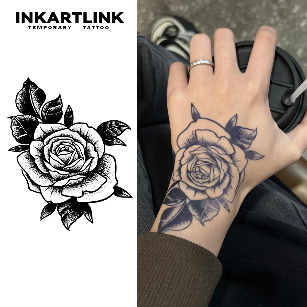 INKARTLINK Fake Tattoos with Realistic Art, Long Lasting Ink Rose-2 Design for Adults, No Reflection Finish, Ideal for Parties & Swimming, Sticker Tattoos, Temporary Tattoo