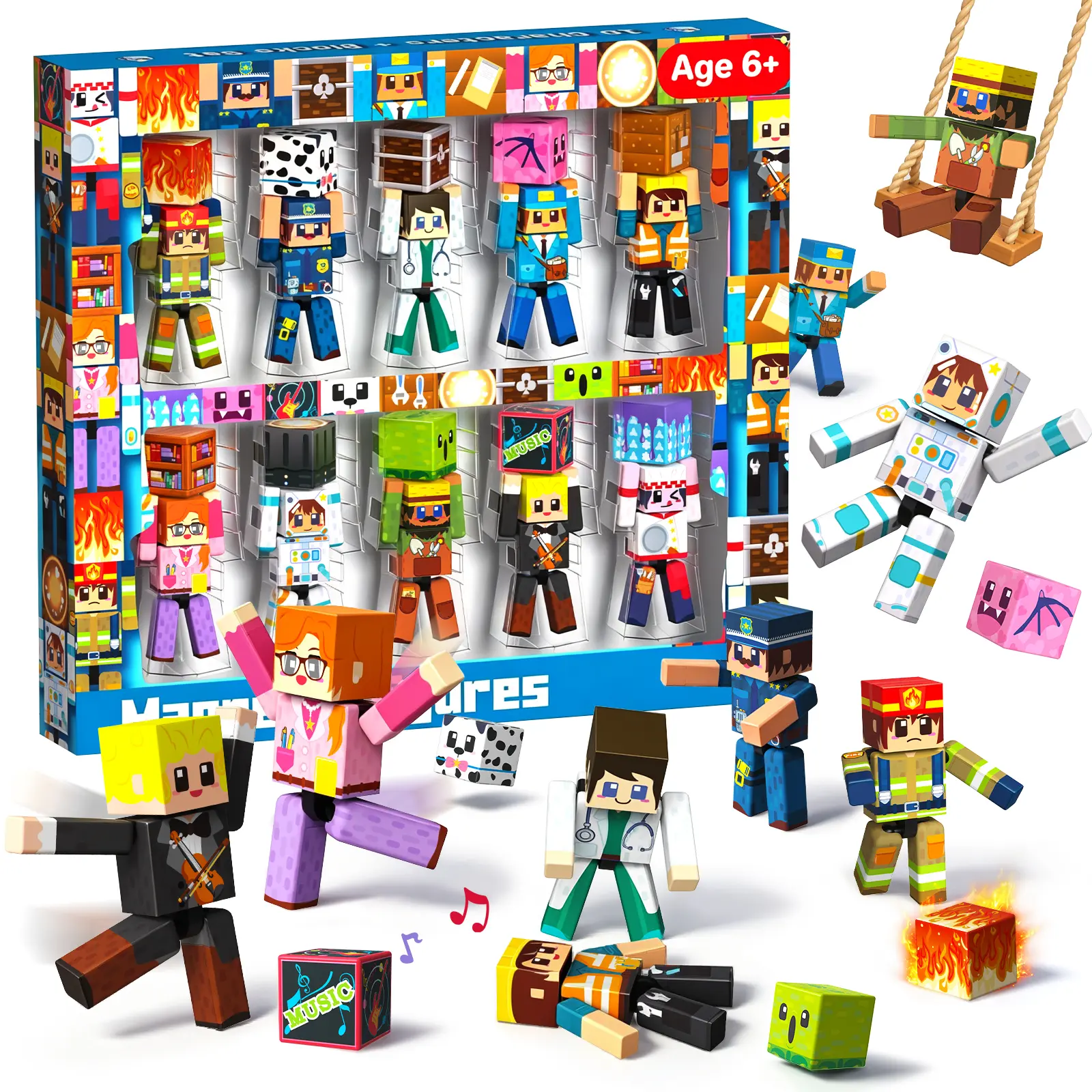 10 PCS Magnetic Figures - Community Career Pretend Playset, Magnet Building Cubes with Rotatable People Figures Toys for Kids, Birthday Gift for Boys and Girls Ages 6+