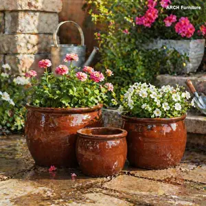 Handcrafted Rust-Red Clay Pottery Plant Pots Set of 3 (15/12/9 in Diameter) with Drainage Holes for Root Health, Rustic Ceramic Design for Indoor Tables & Outdoor Balconies