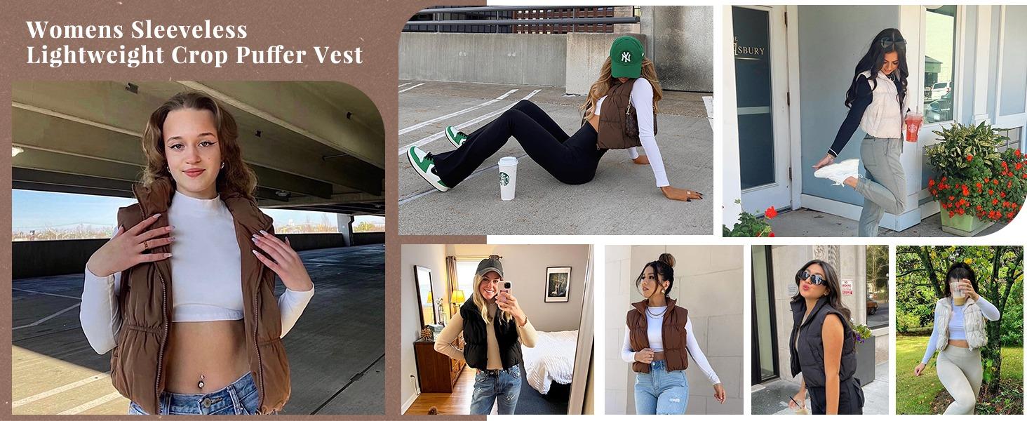 Ommig Womens Cropped Zip Up Puffer Vest Stand Collar Sleeveless Lightweight Padded Gilet Pockets