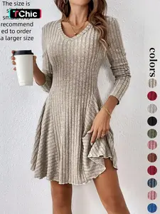 Women's Plain Lettuce Trim V Neck A Line Dress, Casual Long Sleeve Short Dress for Fall & Winter, Ladies Clothes for Daily Wear
