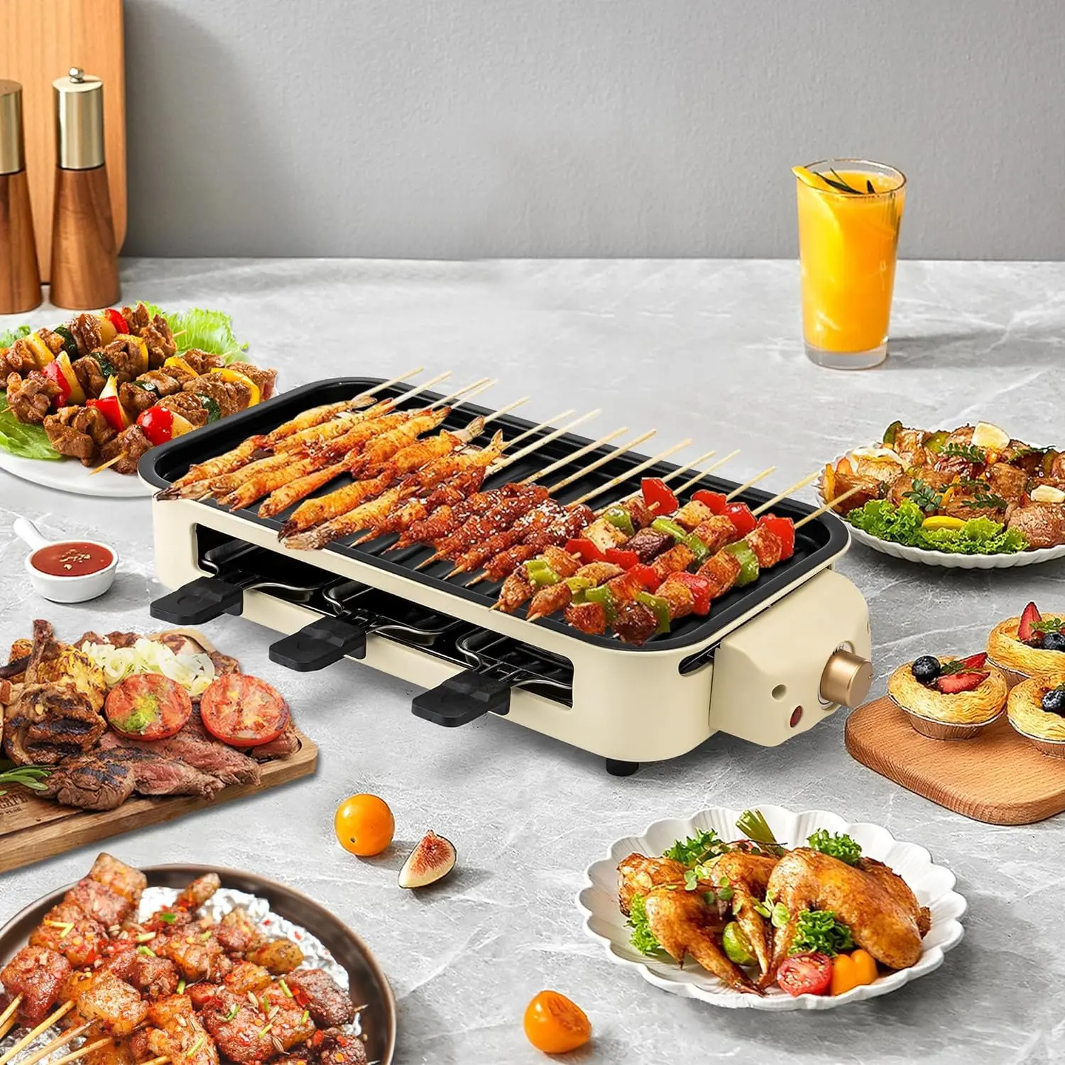 2 in 1 Indoor Grills, Electric Indoor Grill for Kitchen with Grill Net & Non-Stick Cooking Removable Plate, Portable Electric Korean BBQ Grill, Temperature Control, Smokeless Grill