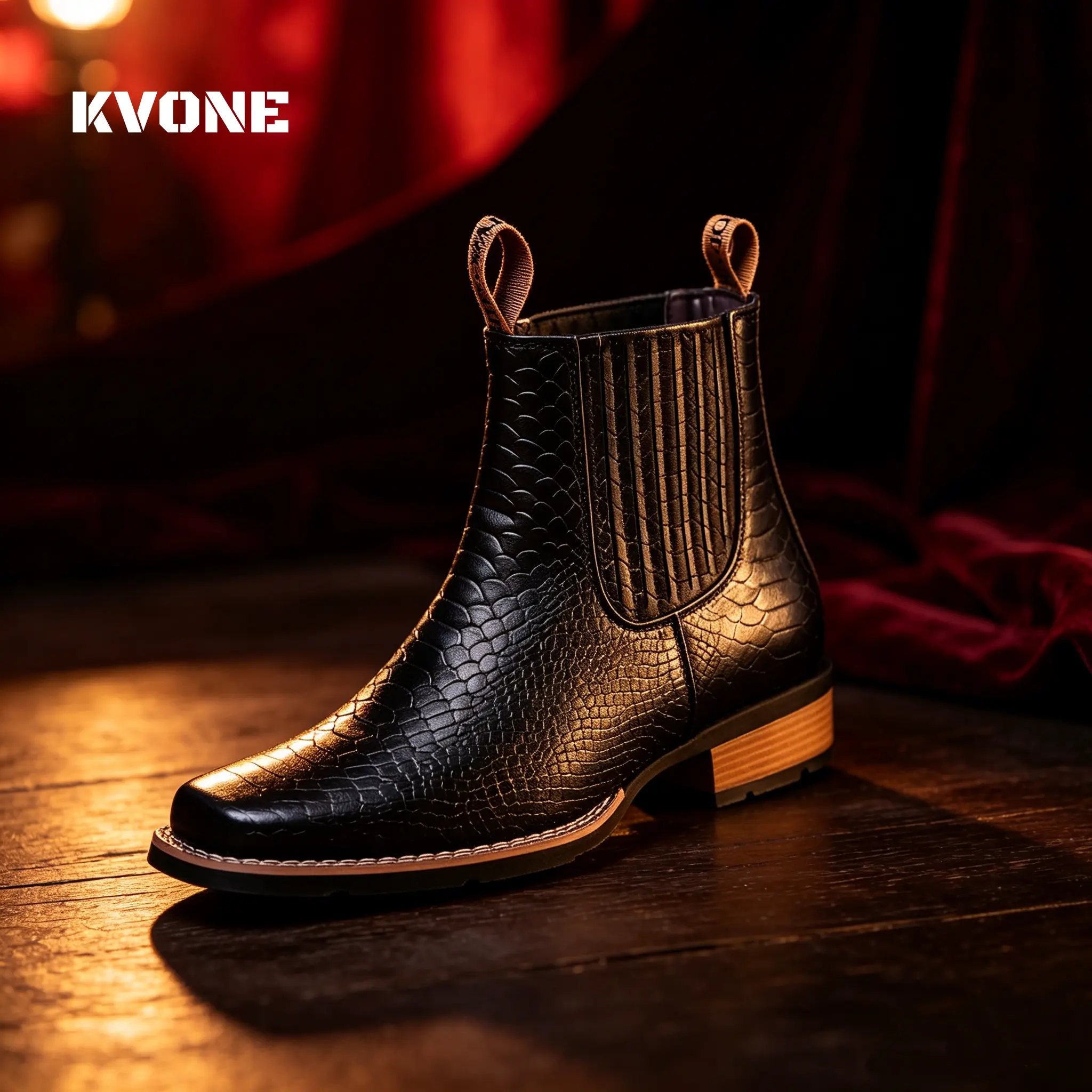 KVONE-Crocodile Pattern Square Toe Slip-on Chelsea work ankle boots, British Retro Leather Boots,  Rustic Work Boot,Versatile for Various Occasions,comfortable security footwear, Versatile Men's Chlesea Boots,outdoor casual closed-toe style