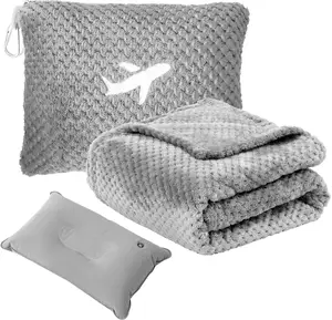 Travel Blanket Airplane Compact with Bag, Travel Essentials 3 in 1 Packable Airplane Blanket, Travel Pillow and Blanket Set, Inflatable Pillow, Luggage Sleeve & Backpack Clip (Light Grey)