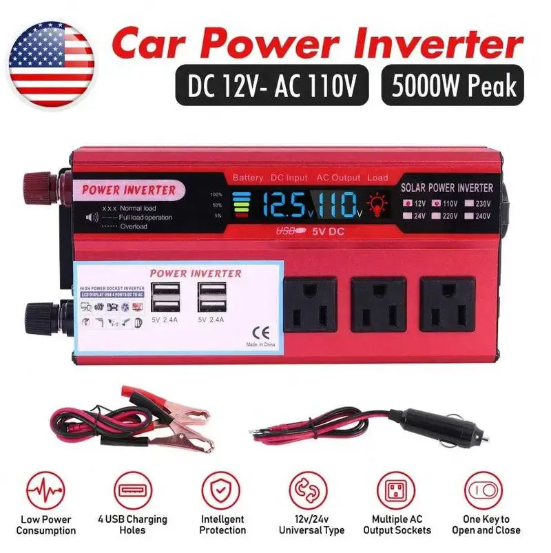 Portable 1000W Power Inverter, DC 12V to AC 120V Car Converter with LCD Screen, 3 US Sockets + 4 USB Charging Ports, Cigarette Lighter & Battery Clamps for Vehicle & Home Emergency