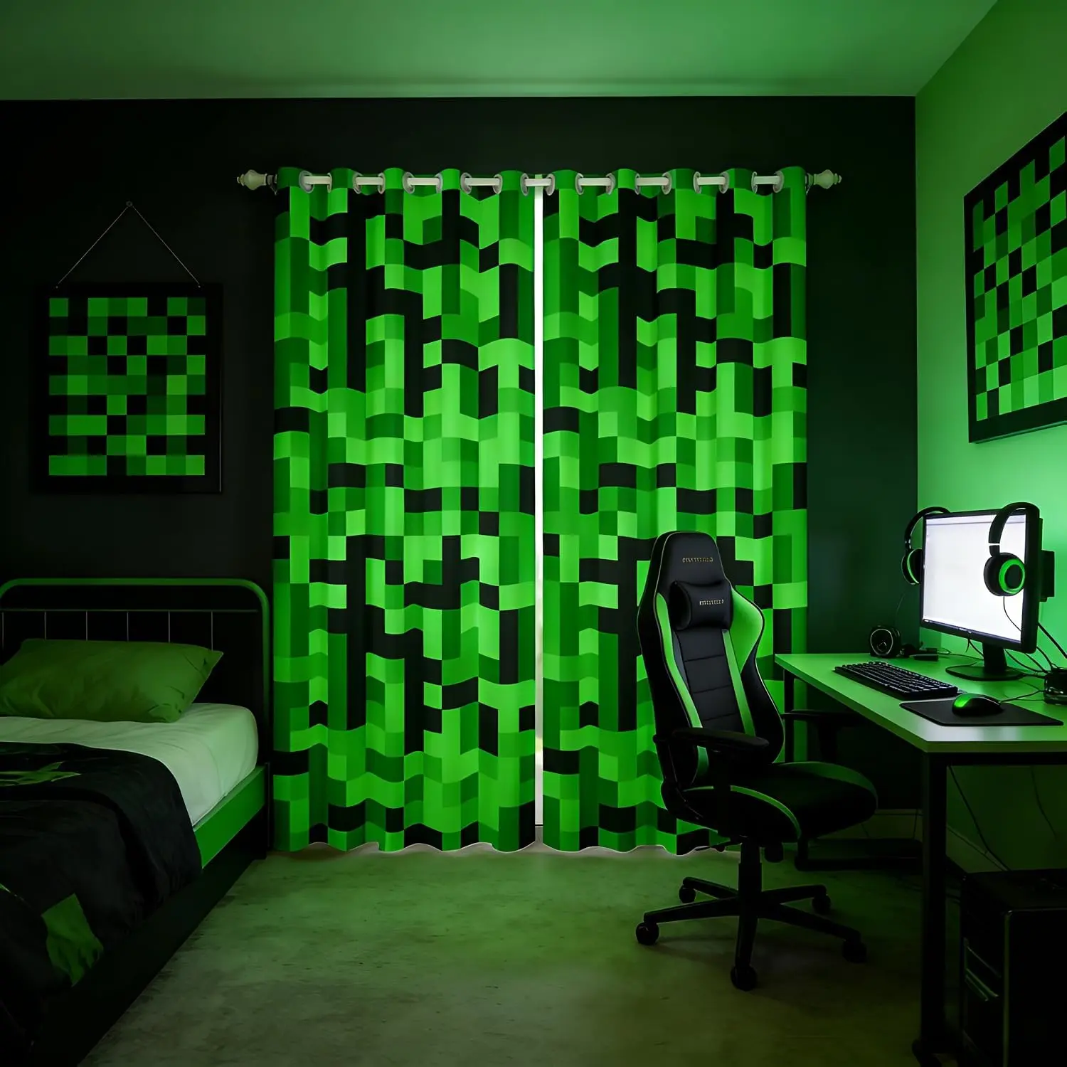 Black Green Pixel Plaid Blackout Curtains Bedroom Miners Games Checkered Window Curtains 2 Panels Abstract Camo Grids Drapes,Gaming Geometric Window Treatments