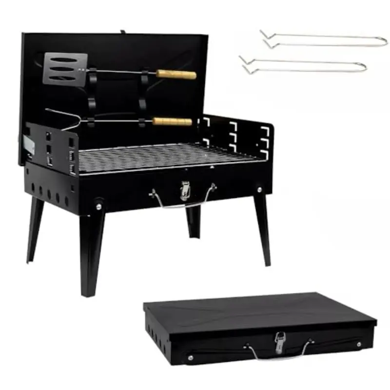 17-Inch Portable Charcoal Grill, Foldable Stainless Steel Camping Equipment with Adjustable Height and Tools for Backyard Cooking & Picnics, Outdoor Camping Supplies, Portable Kitchen, Stews