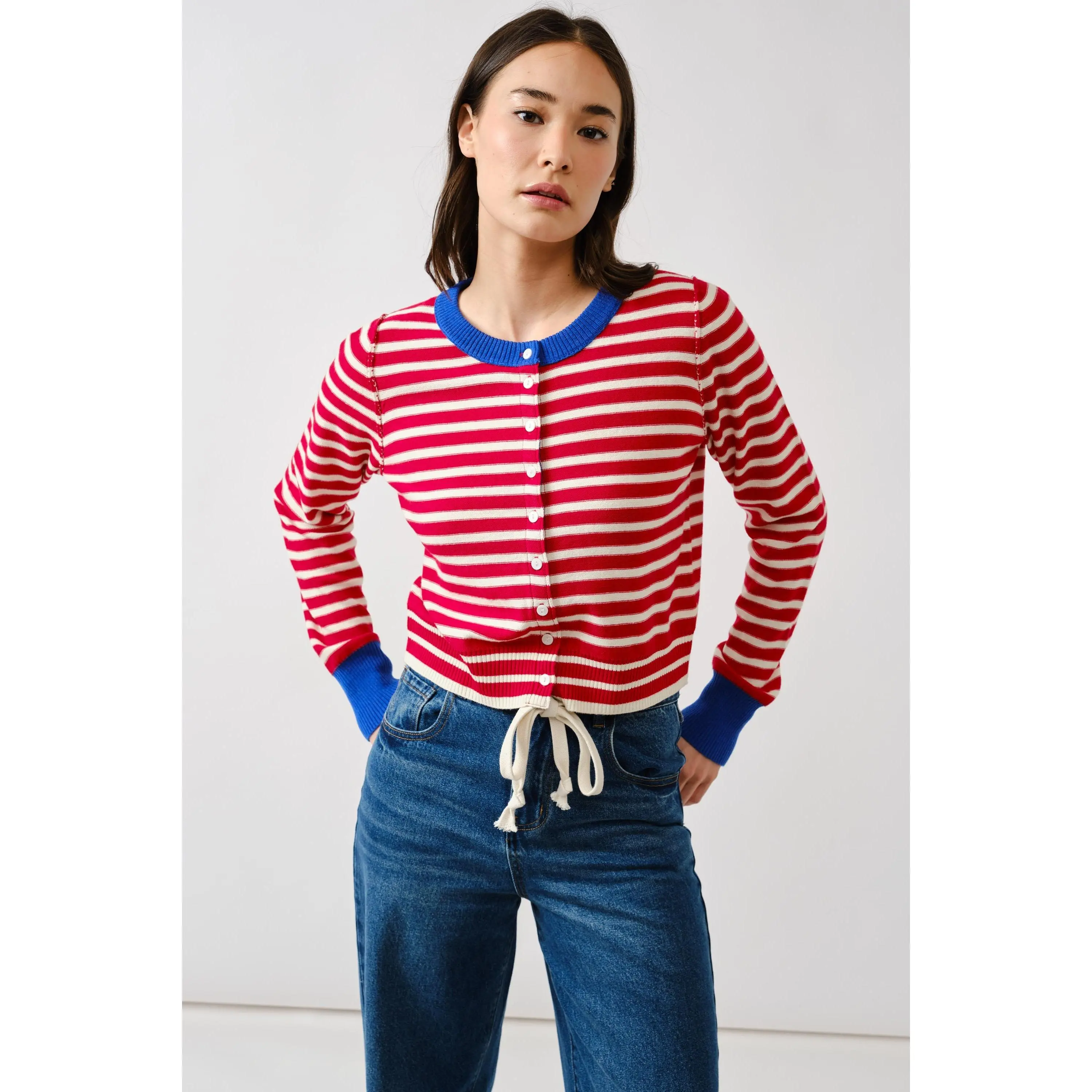 Porta Striped Button Down Cardigan Sweater - Red/Off White