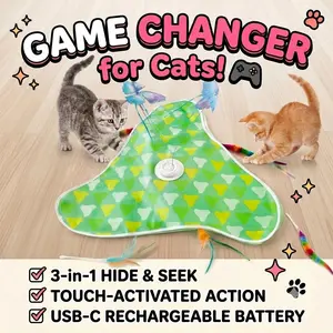 3-in-1 Automatic Hide & Seek Cat Toy Mat - Interactive Peekaboo Moving Feather & Butterfly Wand, Smart Motion Activated Toy for Indoor Bored Cats