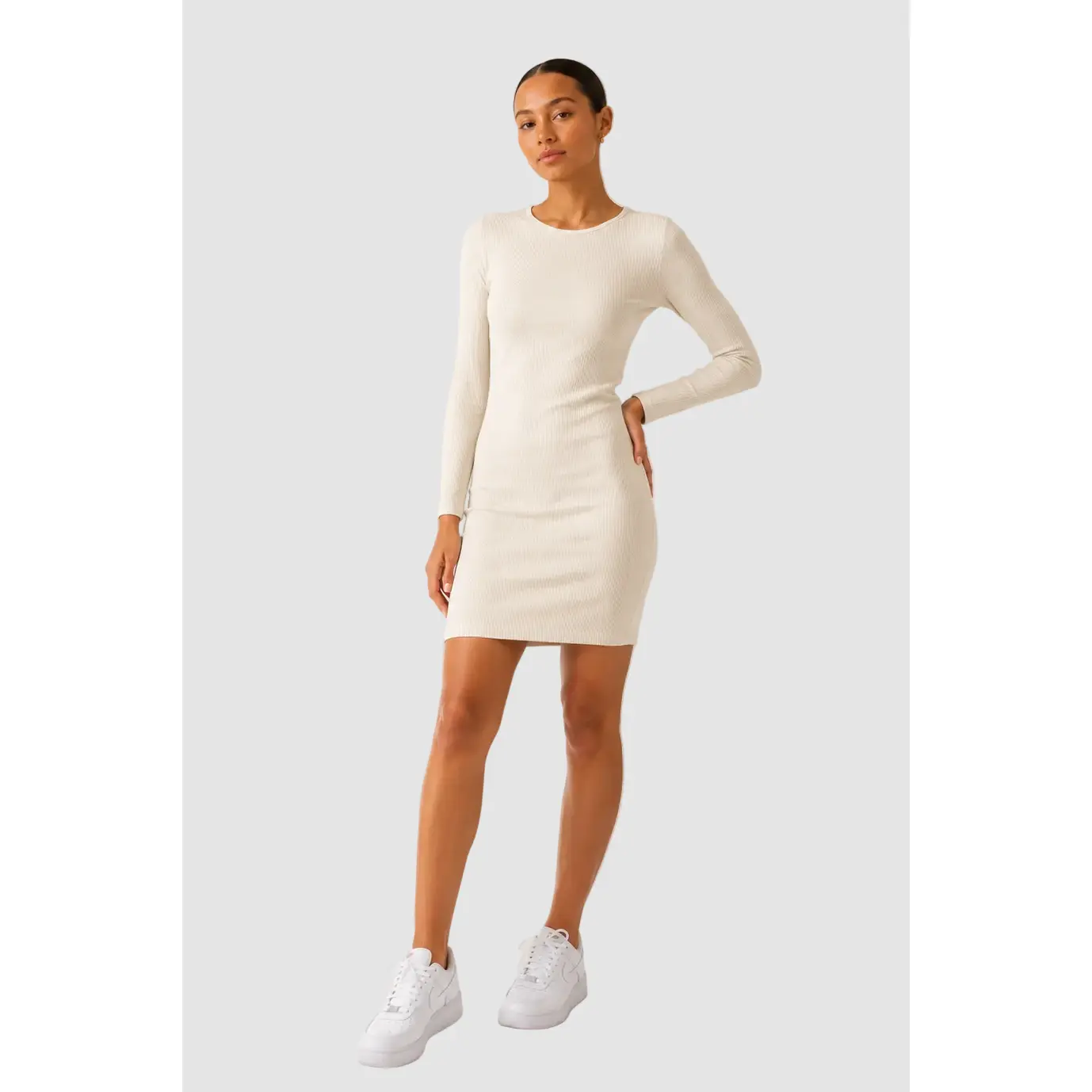 The Ribbed Long Sleeve Dress - Cream