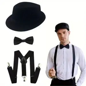 1 SET 1920s Mens Accessories Fedora Gangster Hat Costume Accessory Y-Back Suspenders & Pre Tied Bow Tie,Men's Roaring 20s Set Manhattan Hat