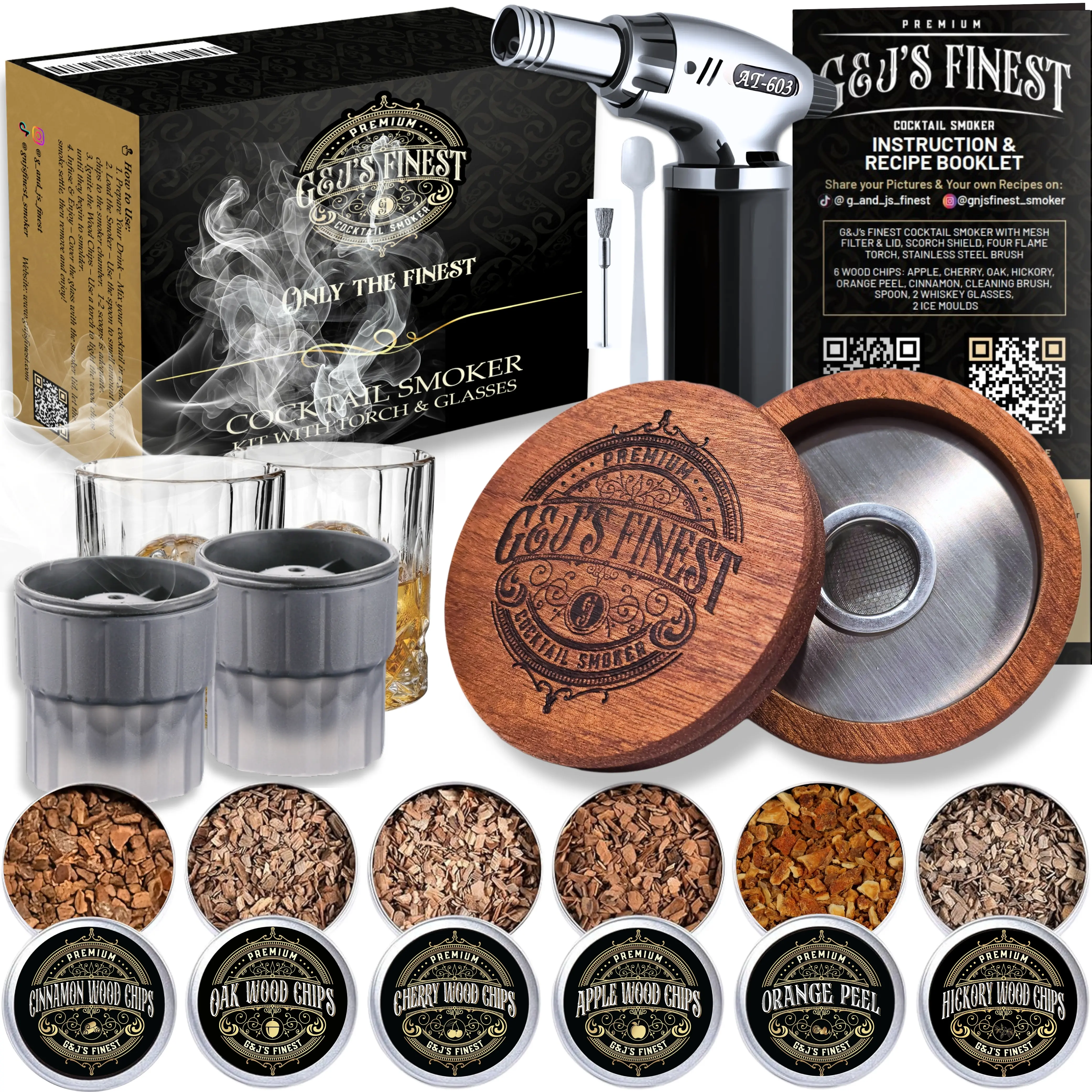 Whiskey Smoker Kit with Torch, 2 Glasses, 6 Wood Chips No Butane