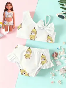 Girls' two-piece swimsuit "Banana Sweetheart Style" - Swimwear Set milk white background with cartoon banana prints, featuring a large bow and ruffled design, which fully enhances the summer swimming pool atmosphere ✨