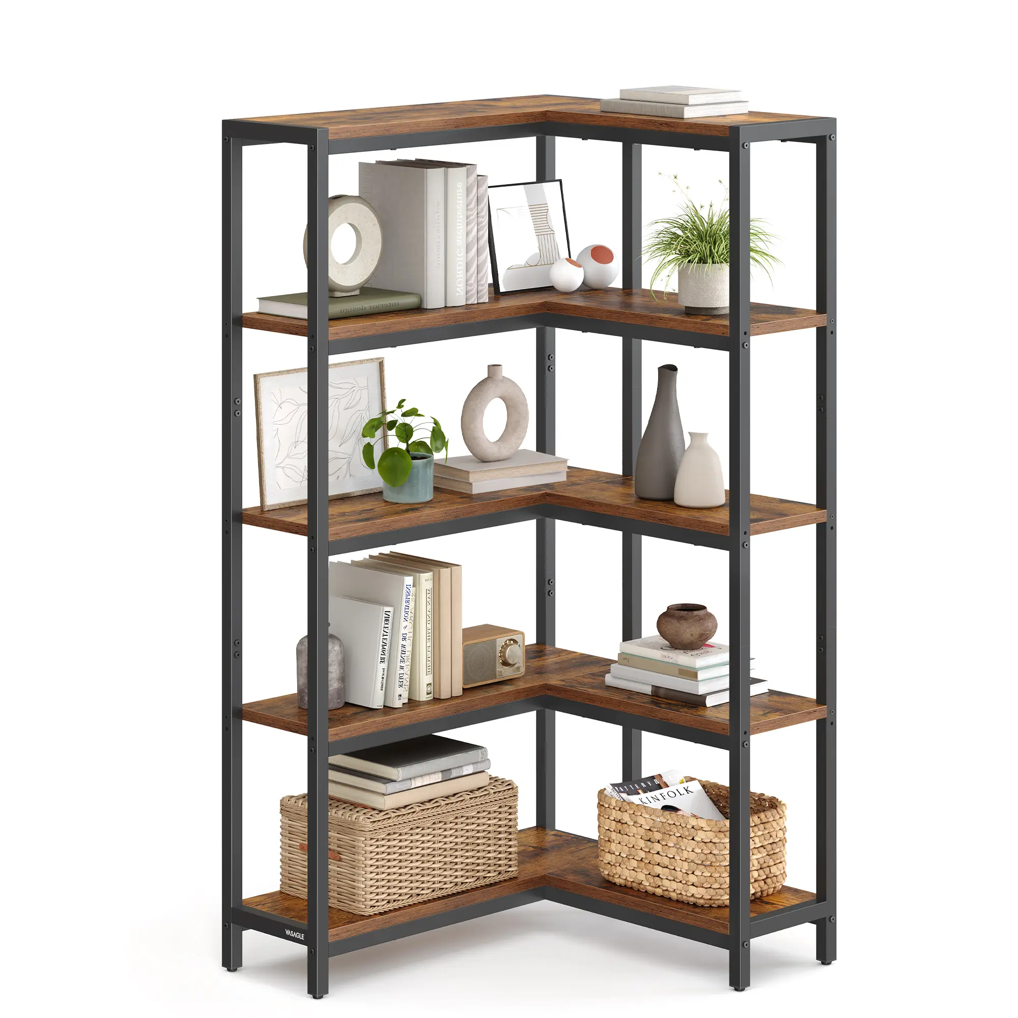 VASAGLE 5 Tier Bookshelf with Metal Frame, Convertible Industrial Corner Shelf, 9.4 x 40.2 x 55.9 Inches, for Living Room, Bedroom, Home Office