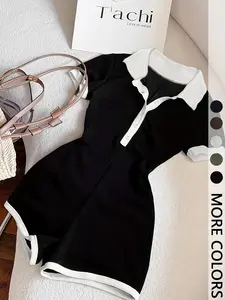 Women's Casual Polo Neck Jumpsuit with Contrast Trim, Fitted Short Sleeve Knitted Romper for Summer Style, Comfortable and Trendy Womenswear
