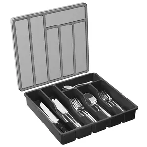 Silver Color Silverware Organizer with Lid, 6 Compartment Cover for Kitchen Drawers & Countertops, Durable Plastic Cutlery Storage Solution