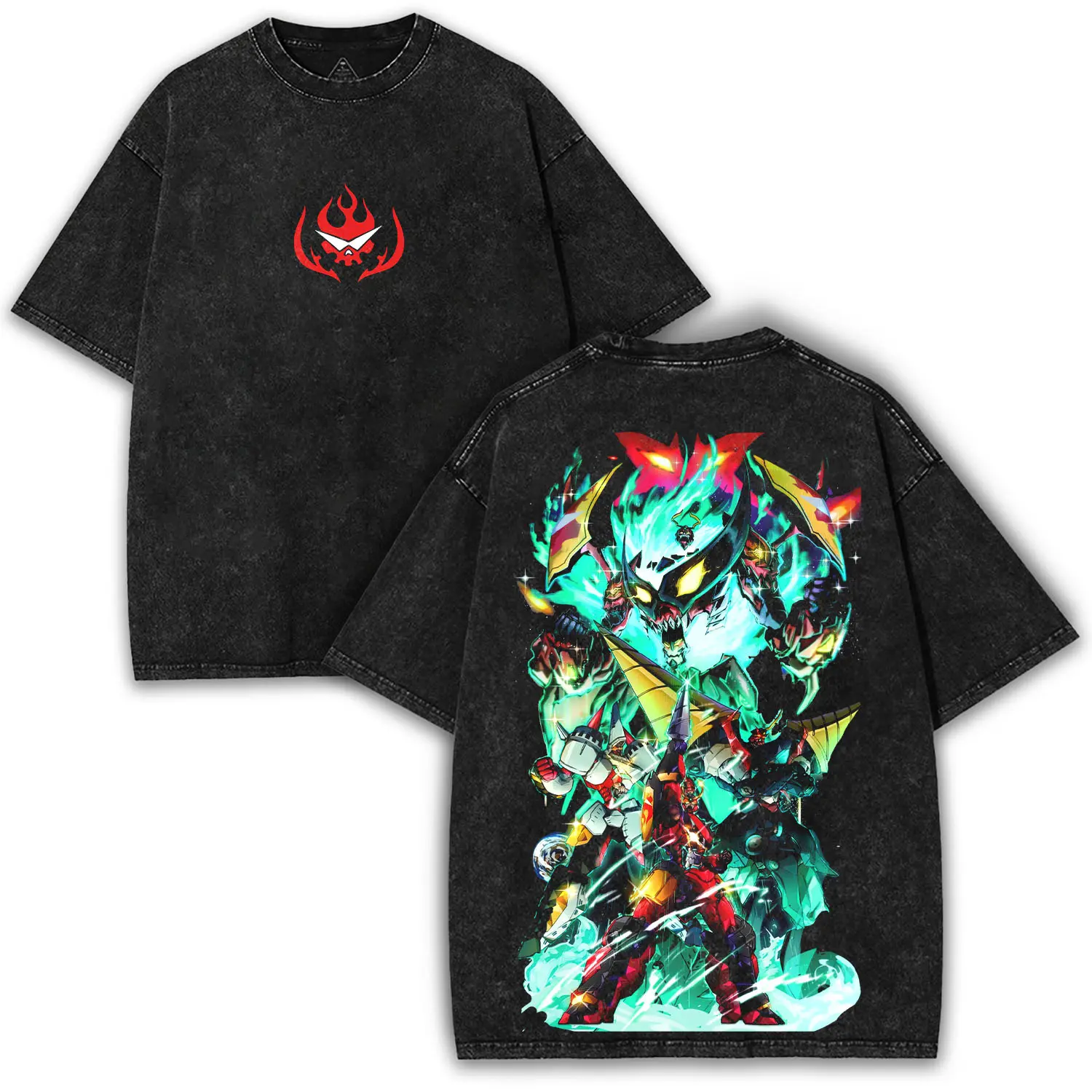 Gurren Lagann Oversized Vintage Washed Tee – Epic Mecha Battle Double Printed Shirt with Team Dai-Gurren Logo | Retro Anime Streetwear