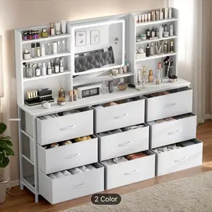 Makeup Vanity With Large Mirror, Vanity Desk With 9 Fabric Drawers & 8 Storage Shelves, Bedroom Dressing Table For Women, Girls, 3 Lighting Colors Adjustable, White