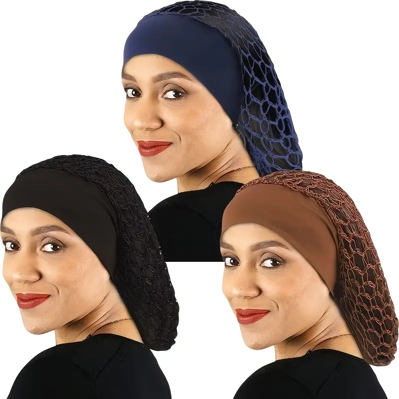 Women's 3-Piece Crochet Hair Nets Accessory - Soft Wide Band Elastic Heatless Bonnet for Braids, Buns & Styling, Hair Accessory, Heatless Hair Bonnet
