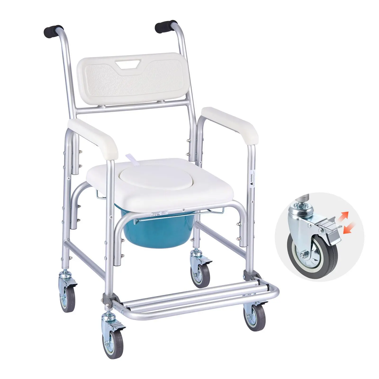 VEVOR Metal 4-in-1 Bedside Commode Chair - Portable Rolling Lockable Wheels, 350 lbs Capacity, In-Home Care Raised Toilet Seat, Padded Seat-Backrest, Foldable Footrest, 5L Leak-Resistant Detachable Bucket, Easy-to-Clean Shower Chair for Adults,sohochic